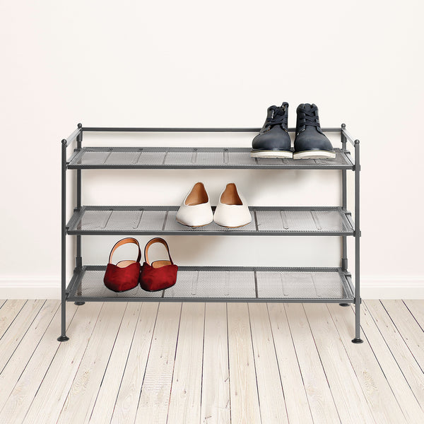 3-Tier Metal Mesh Shoe Rack, Silver